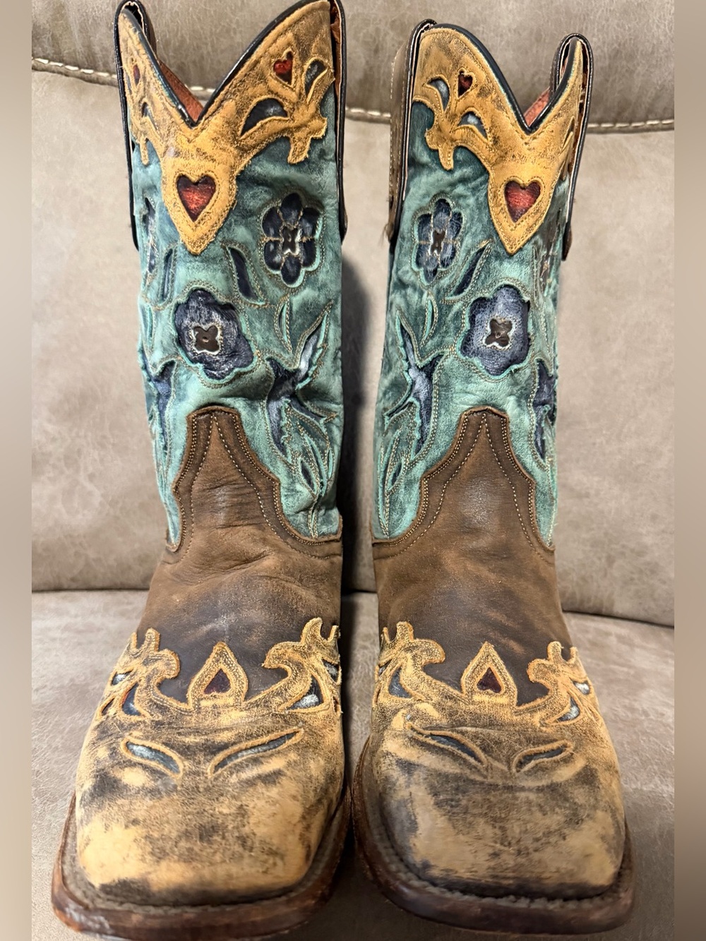 Dan Post Distressed Turquoise/Brown Leather Boots Square Toe Women’s Size 9